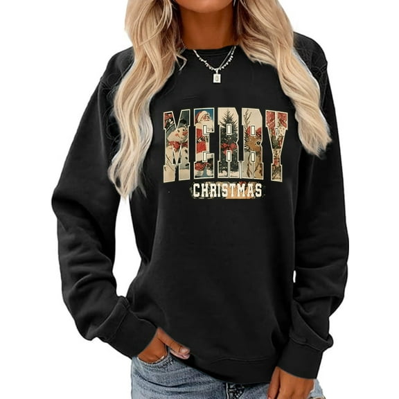 Merry Christmas Sweatshirt Women Cute Santas Snowman Elk Graphic Casual Long Sleeve Holiday Top