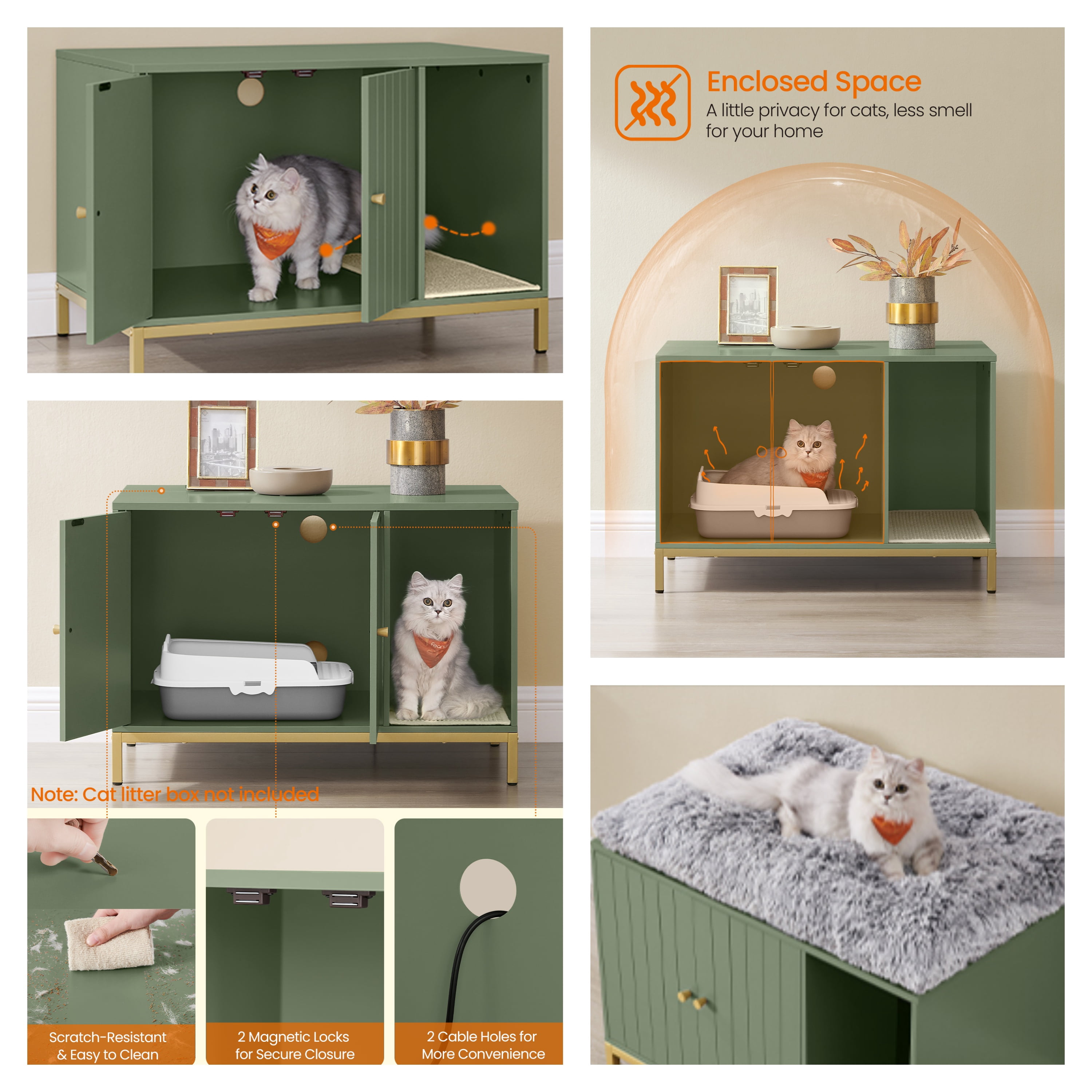 LEDREM Cat Litter Box Enclosure with Scratch Pad, Hidden Litter Box Furniture with Double Cabinet Doors, Side End Table, Forest Green and Gold