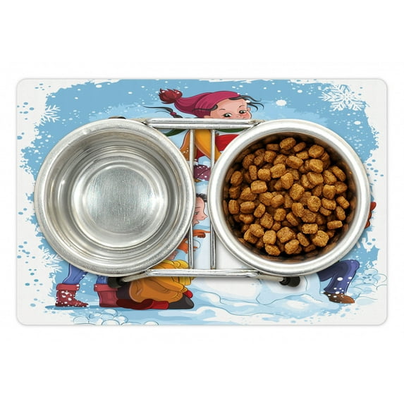 Snowman Pet Mat for Food and Water, Cartoon Style Design of Children Playing Outside in the Snow Holiday Feels, Non-Slip Rubber Mat for Dogs and Cats, 18" X 12", by Ambesonne