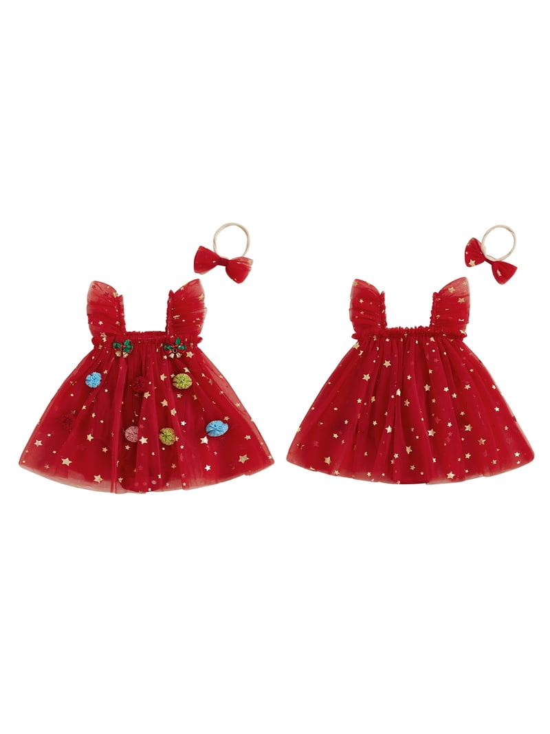 christmas dress newborn girl Cjfdfy Baby Infant Baby Girls Christmas Outfit Ruffle Sleeve Star Sequin Layered Tutu Tulle Dress Pompom Headband Little Girls Cake Smash Birthday Party Xmas Tree Dress cream ankle boots with