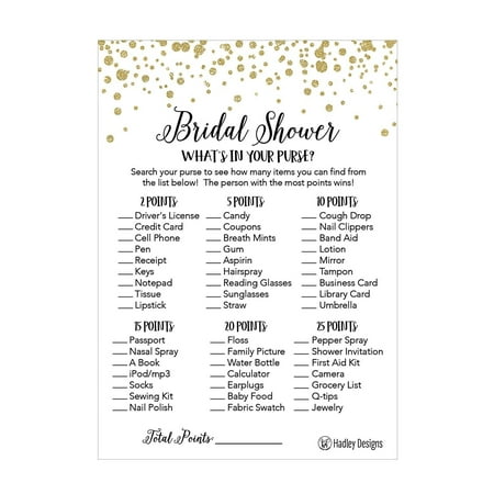 25 Gold Whats In Your Purse Bridal Wedding Shower or Bachelorette Party Game Item Cards Confetti Engagement Activities Idea For Couples Funny Rehearsal Dinner Supplies and Decoration Favors For