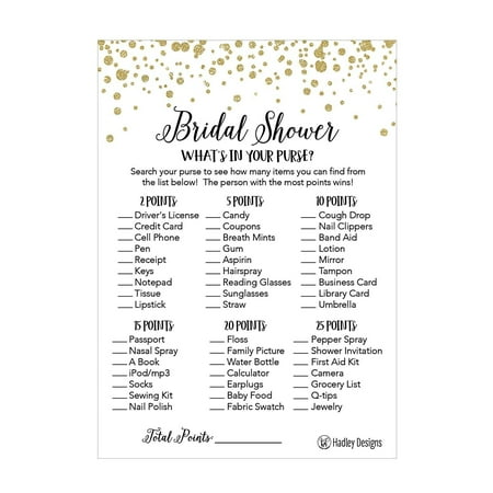 25 Gold Whats In Your Purse Bridal Wedding Shower or Bachelorette Party Game Item Cards Confetti Engagement Activities Idea For Couples Funny Rehearsal Dinner Supplies and Decoration Favors For (Best Wedding Favor Ideas)