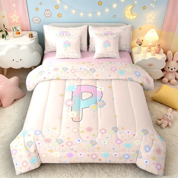 Castle Fairy Flower Balloon Letter P Twin Bedding Sets 7-Piece for Girls,Pastel Initial Bedding Comforter Set,Pink Reversible