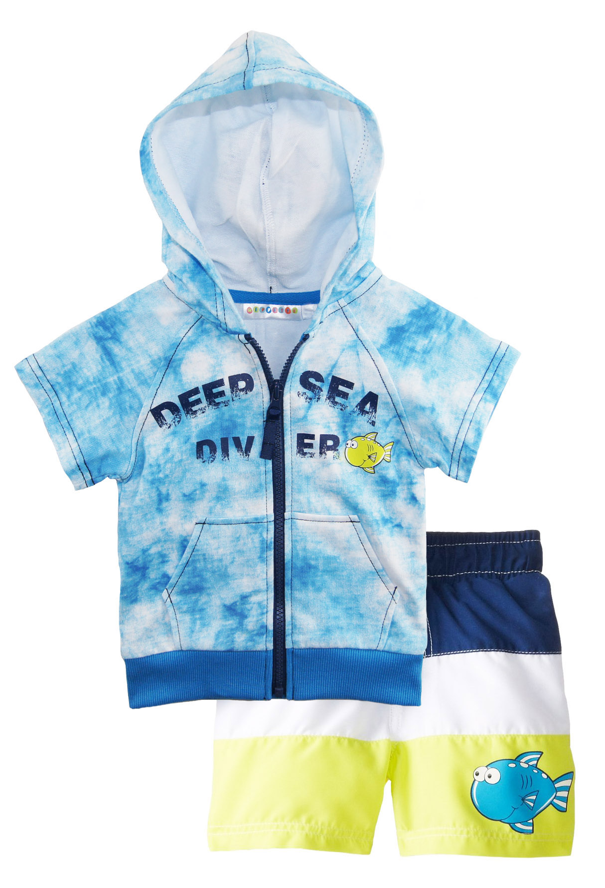 Wippette Little Boys Toddler Big Fish Diver Rashguard Coverup Swim Trunk Set