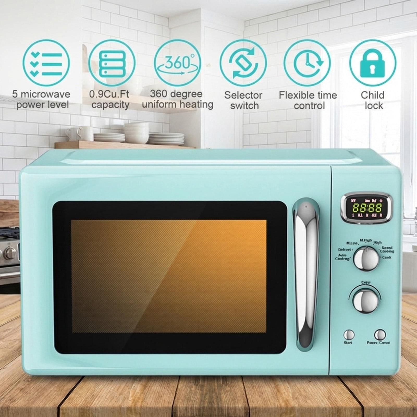 RUIE Retro Microwave Oven,900W 0.9 Cu.ft Countertop Microwave with Power Selector and Timer Knob,ETL Certified,Child Lock,Compact Microwave for Apartment Dorm Office Kitchen
