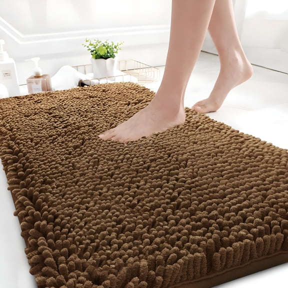 RLESO Extra Thick Luxury Chenille Bathroom Rug,Non-Slip Absorbent Bath Mat Brown Bathroom Rugs,16" X 24",Coffee
