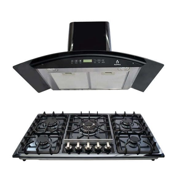 Combo Parrilla Empotrable y Campana de Pared SUPRA Cristal Templado Negro 5 Quemadores