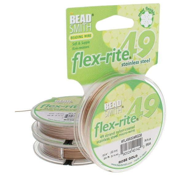 The Beadsmith Flex-Rite Wire – 49 Strand, Nylon Coated, Stainless Steel Beading Wire – Rose Gold Color.024” Diameter, 30-Foot Spool – Flexible Wire for Necklace, Bracelet and Jewelry Making