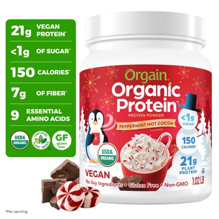 Orgain Organic Vegan 21g Protein Powder, Plant Based Shake Drink, Peppermint Hot Cocoa 1.02lb