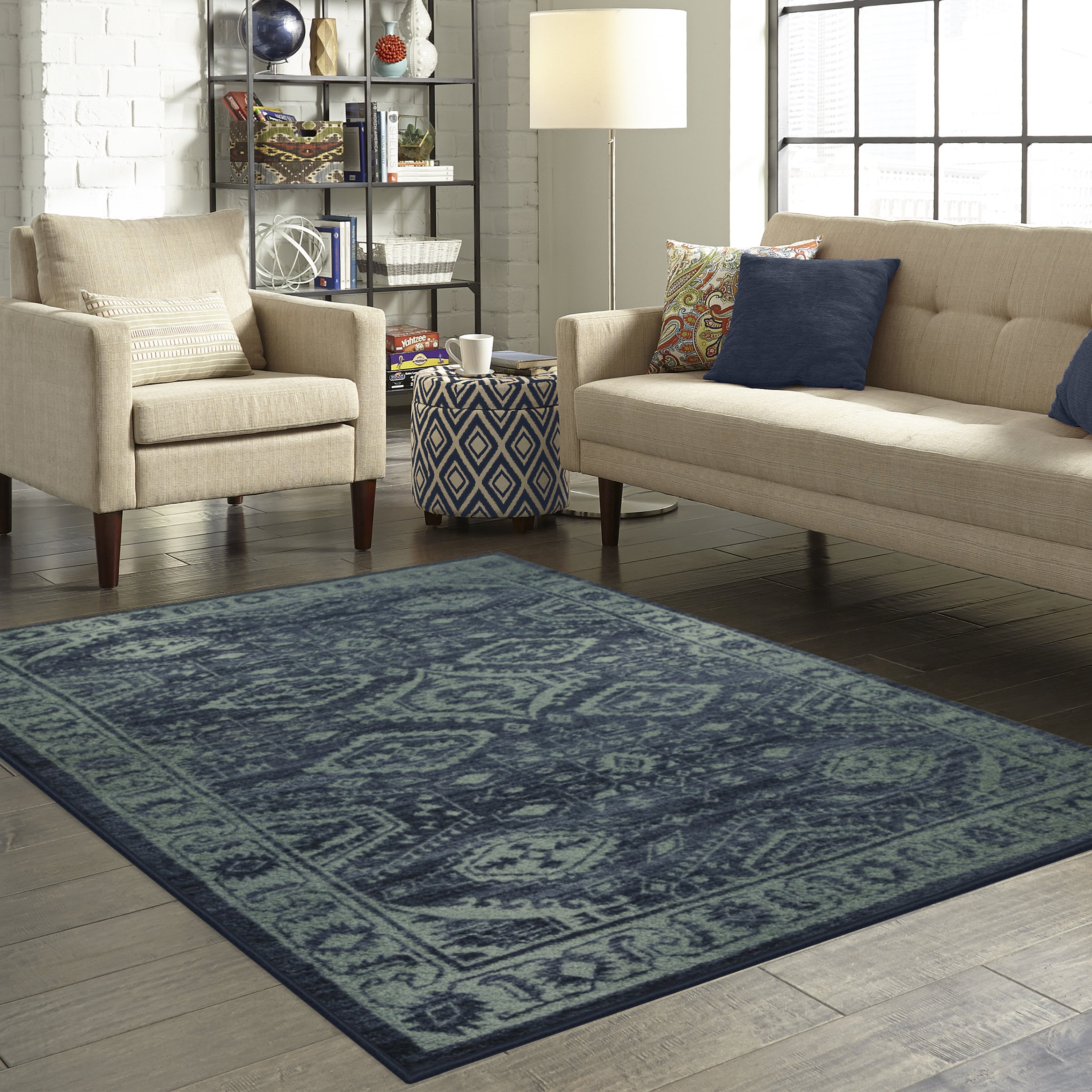 Maples Rugs Georgina Traditional Vintage Navy Green Non Slip Indoor Area Rug, 5' x 7'
