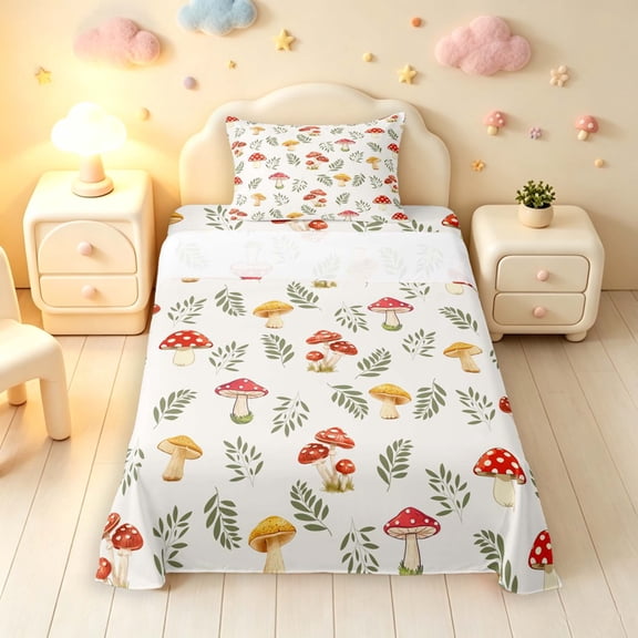 Homewish Watercolor Plant Mushrooms Twin Sheets,Botanical Fungi Bedding,White Red,3pcs,1 Flat Sheet,1 Fitted Sheet and 1 Pillowcase