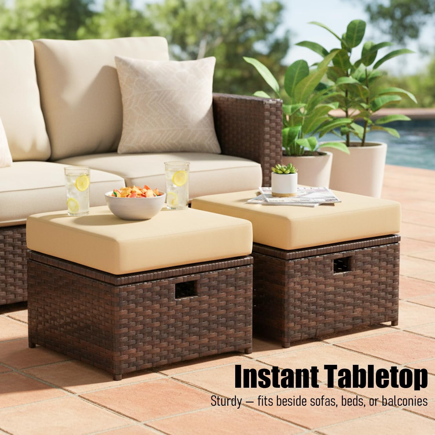 2 Pieces Outdoor Patio Ottoman, All Weather Rattan Wicker Ottoman Seat, Patio Rattan Furniture, Outdoor Footstool Footrest Seat /Removable Cushions(Brown&Brown)