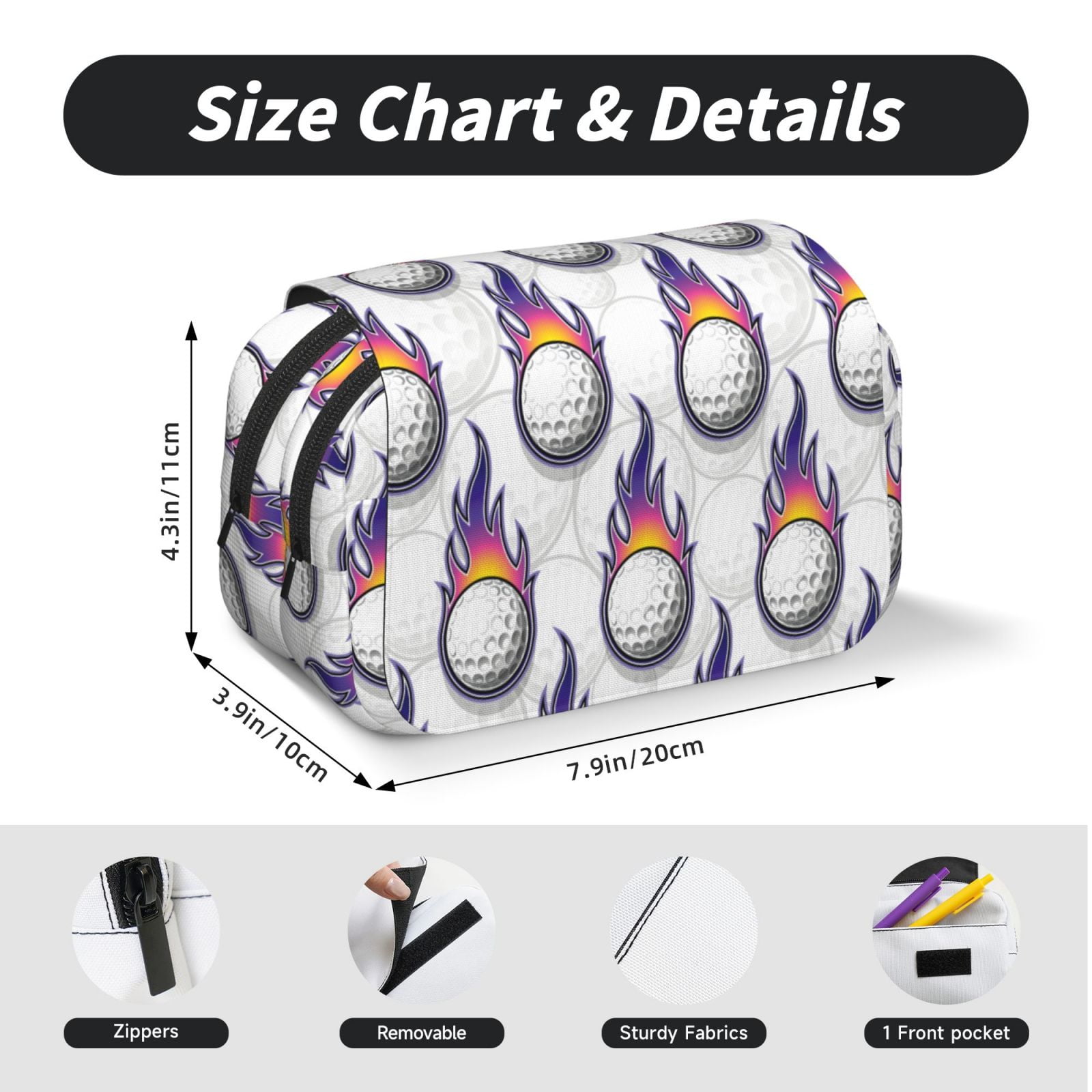 Rateoe Golf balls Pattern Double Clamshell Pen Case, Storage Organizer with Two Zipper Compartments– Holds Up to 50 Pencils & Pens