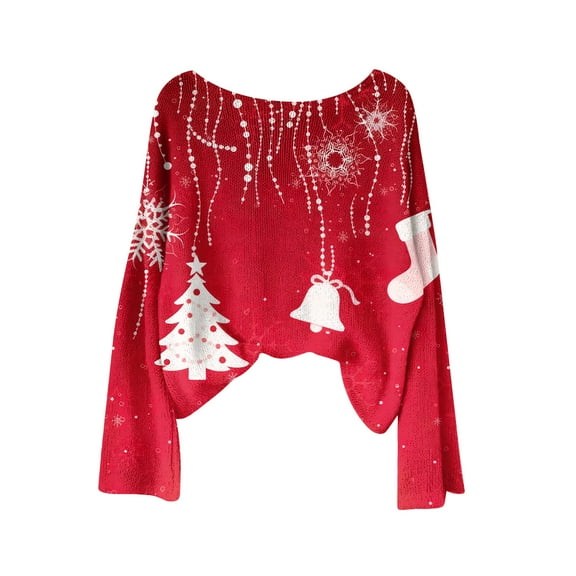 yardsong 2025 Long Sleeve Womens Christmas Sweater - Boat Neck Imitation Knit Boho Pullover Xmas Theme Holiday Sweatshirt Red,S