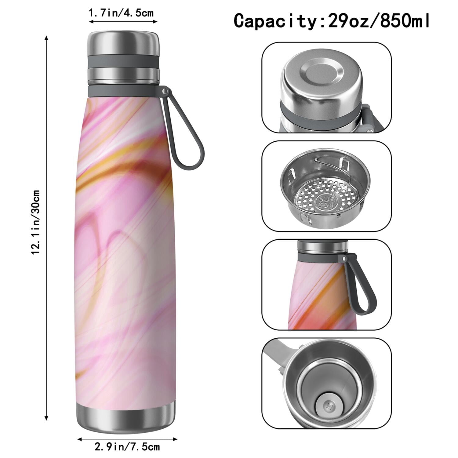 29oz Insulated Water Bottle with Tea Infuser, Stainless Steel Travel Mug, Liquid & Marble Print