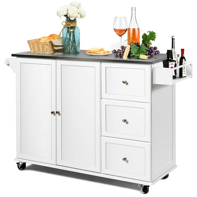 Costway Kitchen Island 2-Door Storage Cabinet Stainless Steel Top w/Drawers & Spice Rack