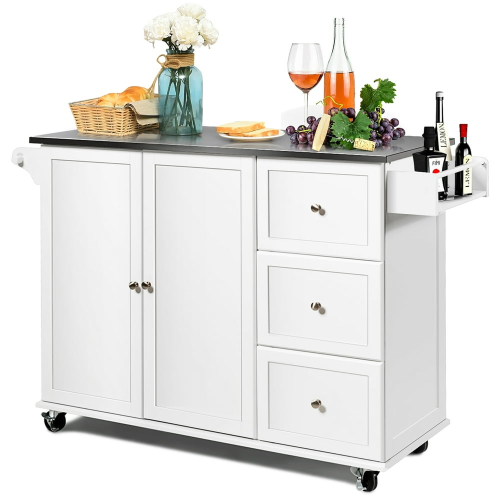 Costway Kitchen Island 2Door Storage Stainless Steel Top w/Drawers White