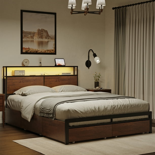 HAUSOURCE Queen Size Bed Frame with Headboard and 4 Storage Drawers LED