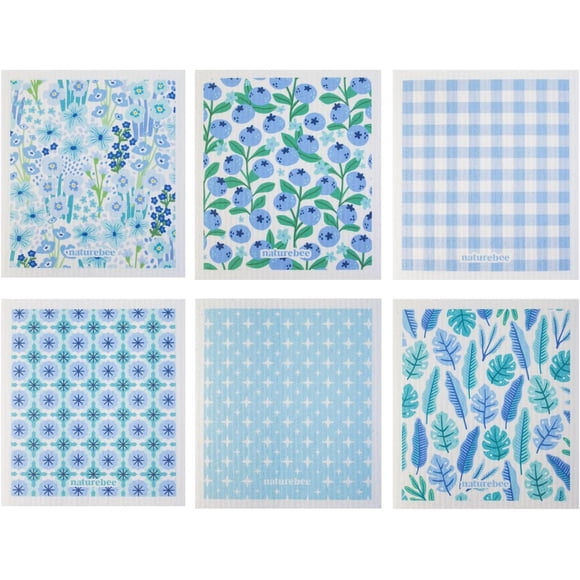Blue Swedish Sponge Dishcloth Pack of 6 - Reusable, Washable, Odor & Scratch Free, Made with Wood Cellulose & Cotton, Multi-Use for Dishes & Counters, Replaces 17 Rolls of Paper Towel