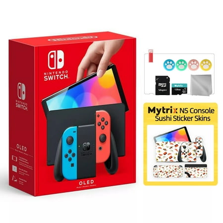 2021 New Nintendo Switch OLED Model Neon Red Blue with Mytrix Full Body Skin for NS OLED Console, Dock and Joycons - Sushi Set