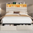 thumbnail image 2 of King Size Bed with Storage Drawers & Headboard, Upholstered Bed Frame with Led Lights & Charging Station, Beige, 2 of 12