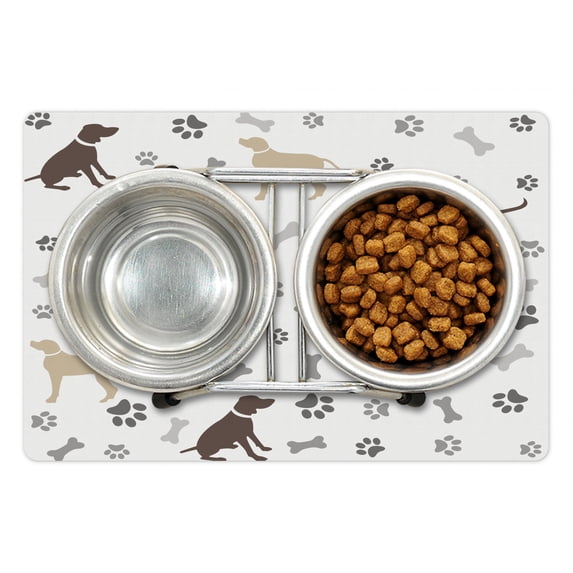 Dog Lover Pet Mat for Food and Water, Paw Print Bones and Dog Silhouettes American Foxhound Breed Playful Pattern, Non-Slip Rubber Mat for Dogs and Cats, 18" X 12", by Ambesonne