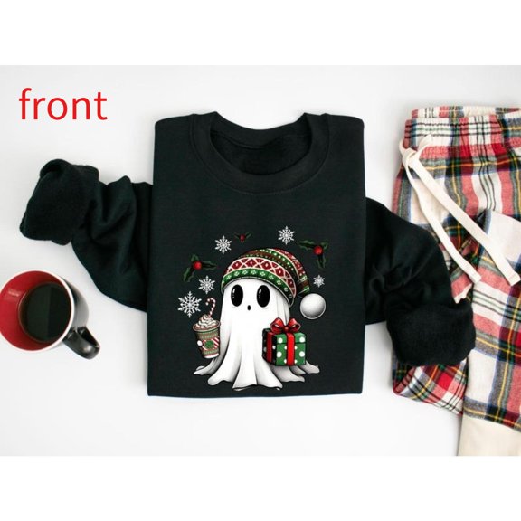 Christmas Ghost Sweatshirt Tops Peppermint Coffee Holiday Design Casual Round-neck long-sleeved Black S-3XL