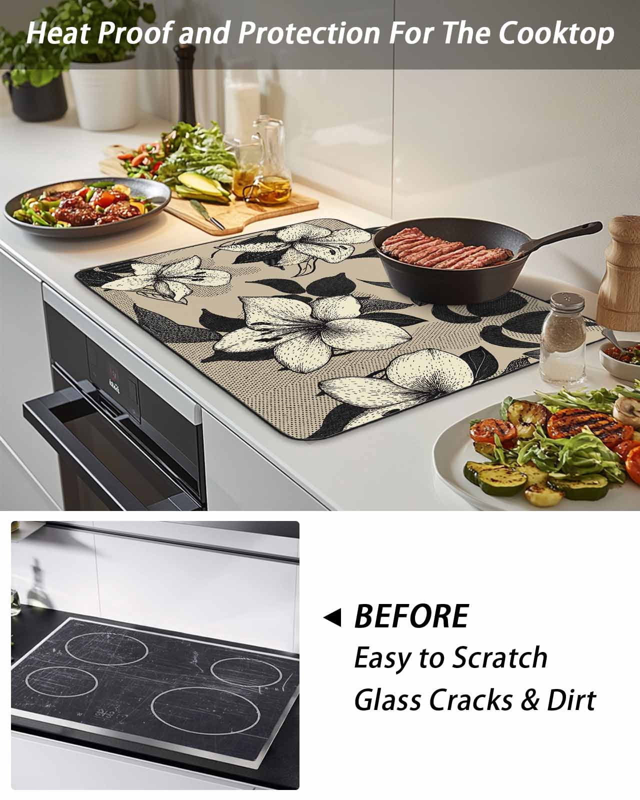 Stove Top Covers for Electric Stove, Black Floral Glass Stovetop Cover Protector, Vintage Khaki Floral Retrp Plant Leaf Induction Cooktop Protector Oven Mat for Kitchen Countertop 24"x21"