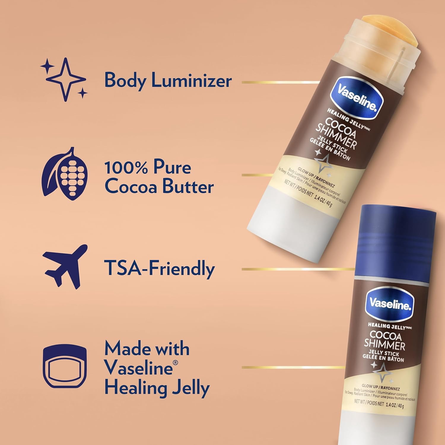 Vaseline Cocoa Shimmer Jelly Stick GLOW UP Body Luminizer For Dewy Radiant Skin 1.4 oz - 3 Count