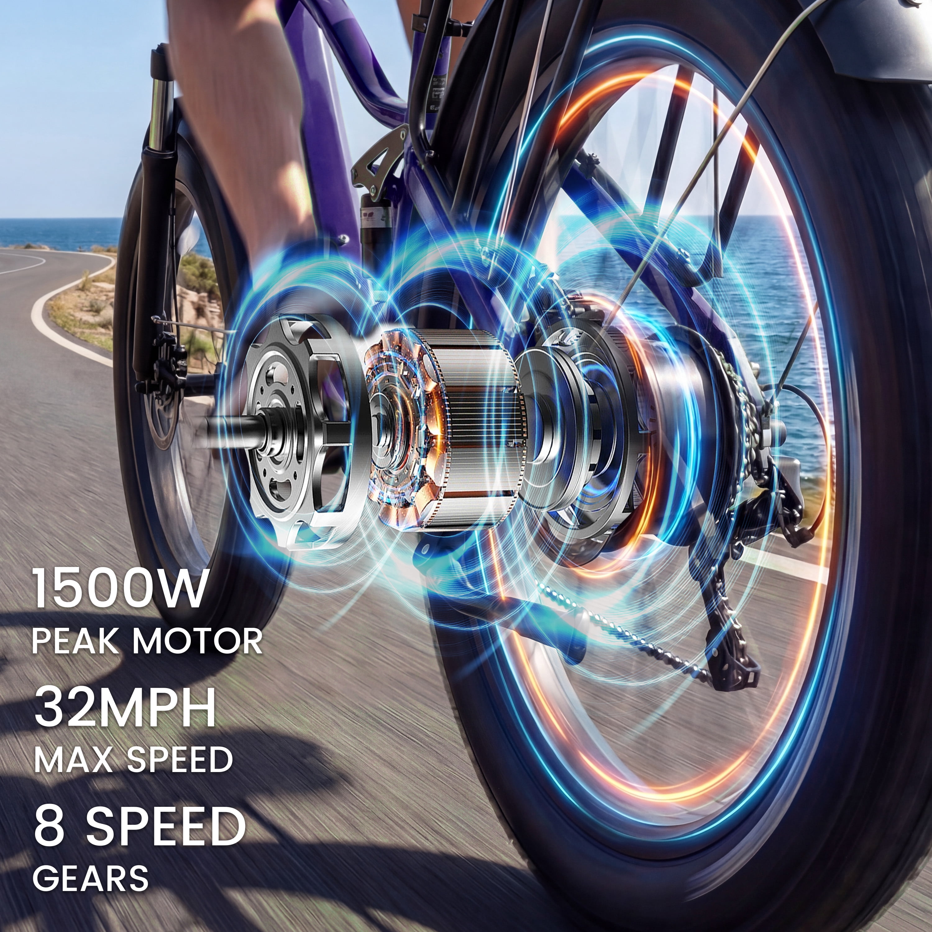 ESKUTE C300 Electric Bike for Adults, 1500W Peak Motor, 32MPH Fast Ebike, 48V 20.8Ah Battery Up to 80 Miles, 26"x4.0" Fat Tire, Full Suspension, 8-Speed Purple, With Bag & Lock & front Basket, UL2849