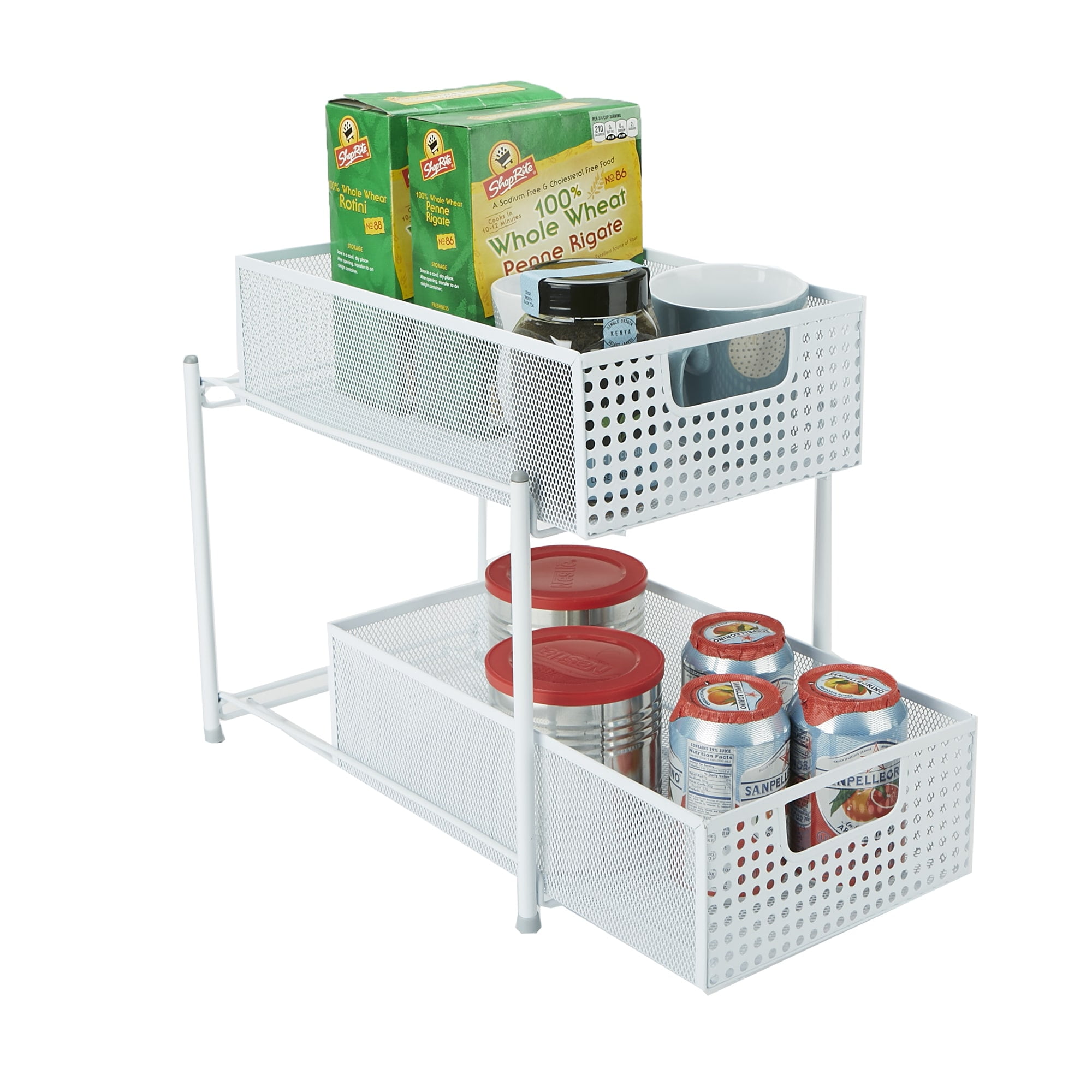 Mind Reader 2-Tier Metal Mesh Heavy Duty Organizer Slide Out Basket Drawer For Kitchen, Bathroom, Office Desk, White