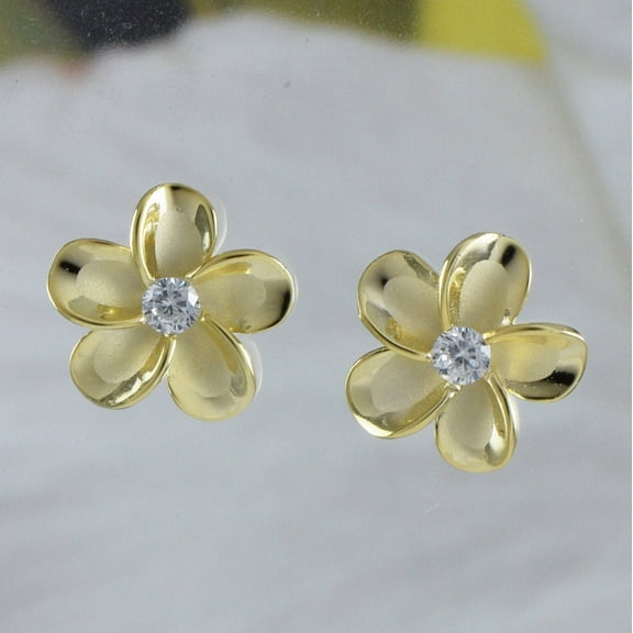 Beautiful Hawaiian Plumeria Earring, Sterling Silver Yellow-Gold Plated Plumeria Flower CZ Stud Earring, E8891 Birthday Mom Valentine Gift