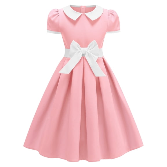 IBTOM CASTLE Kids Girls 1950s Retro Vintage Tea Party Bowknot Dress Short Puff Sleeve Contrast Panel Swing Party Dresses 7-8 Years Pink