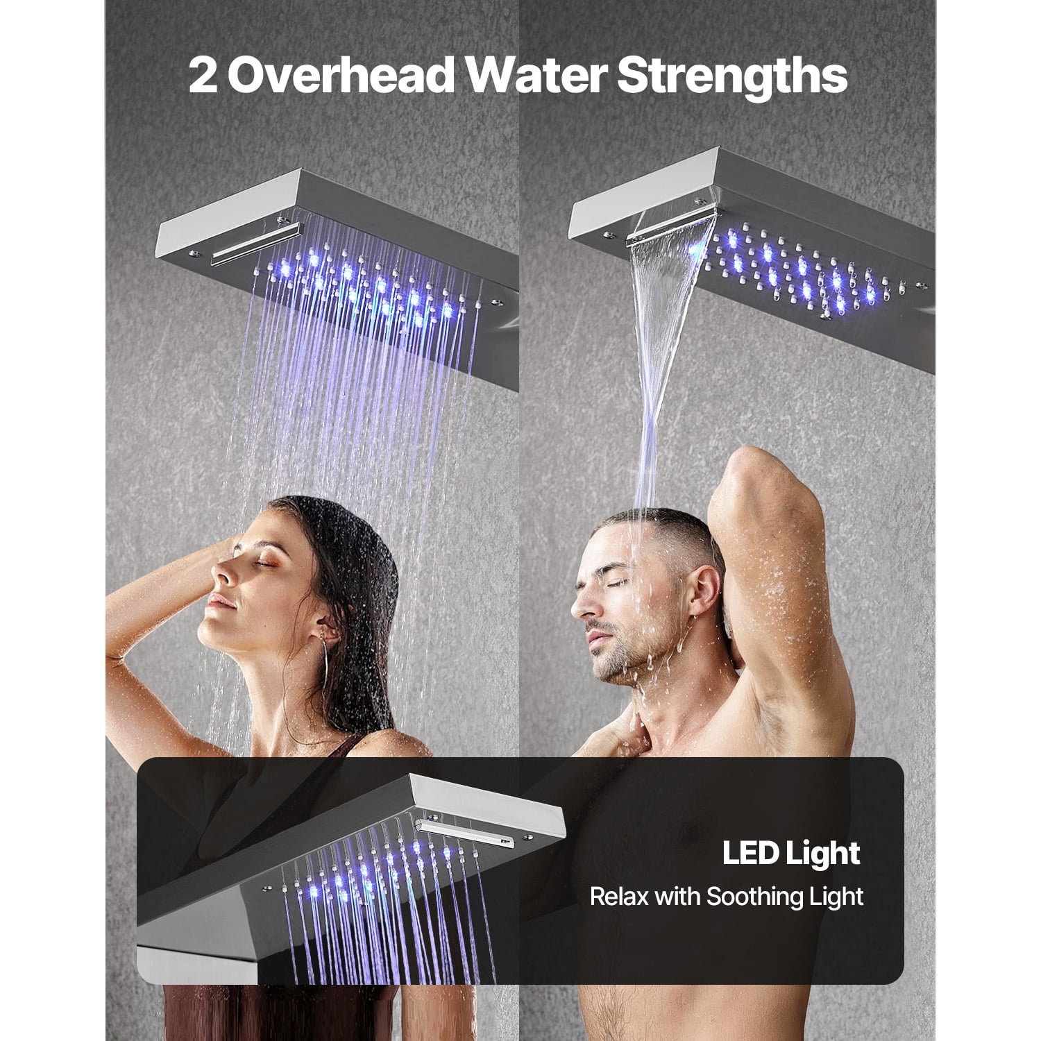 KFFKFF Shower Panel Tower System, Incorporating Rainfall Waterfall Shower Head, LED, 53 in Brushed Stainless Steel Shower Column, 5-Function Faucet, Wall-Installed Rain Massage System
