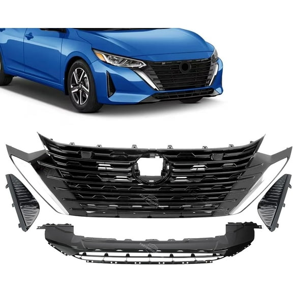 JX RACING Front Grille Upper Lower Compatible with 2024 2025 Nissan Sentra S SV Bumper Grill Fog Light Cover 4PCS