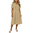 thumbnail image 2 of Guieoi Womens Dresses Plus Size Loose-Fit Summer Fashion Cotton-Linen-Look Dress with Lapel Short Sleeves and Long Hem Beige XL, 2 of 6