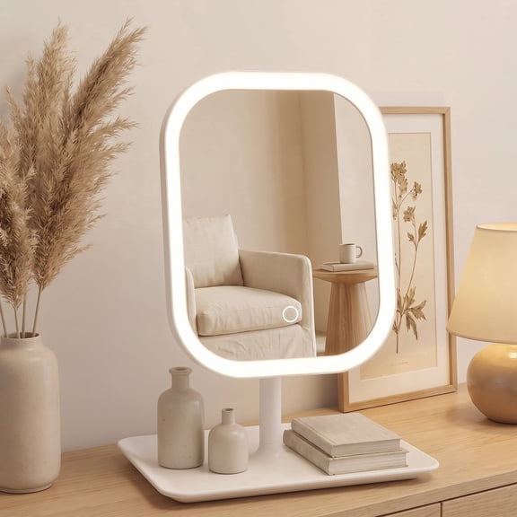 Tabletop small make up mirror,LED Light Beauty Makeup Mirror with High-Definition Surface Rotatable Design & Adjustable Three-Color Lights Perfect for Countertop Use