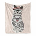 thumbnail image 1 of Teen Room Soft Flannel Fleece Throw Blanket, Kitty Cat with Glasses Tribal Necklace Clasp Fashion Design Print, Cozy Plush for Indoor and Outdoor Use, 50" x 60", Pale Pink Grey, by Ambesonne, 1 of 6