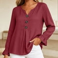 thumbnail image 5 of LEKWK Ruffle Long Sleeve Shirts for Women V Neck Button Front Linen Tops Pleated Loose Dressy Casual Tunic Tops Fall Daily Office Travel Outfits, 5 of 6