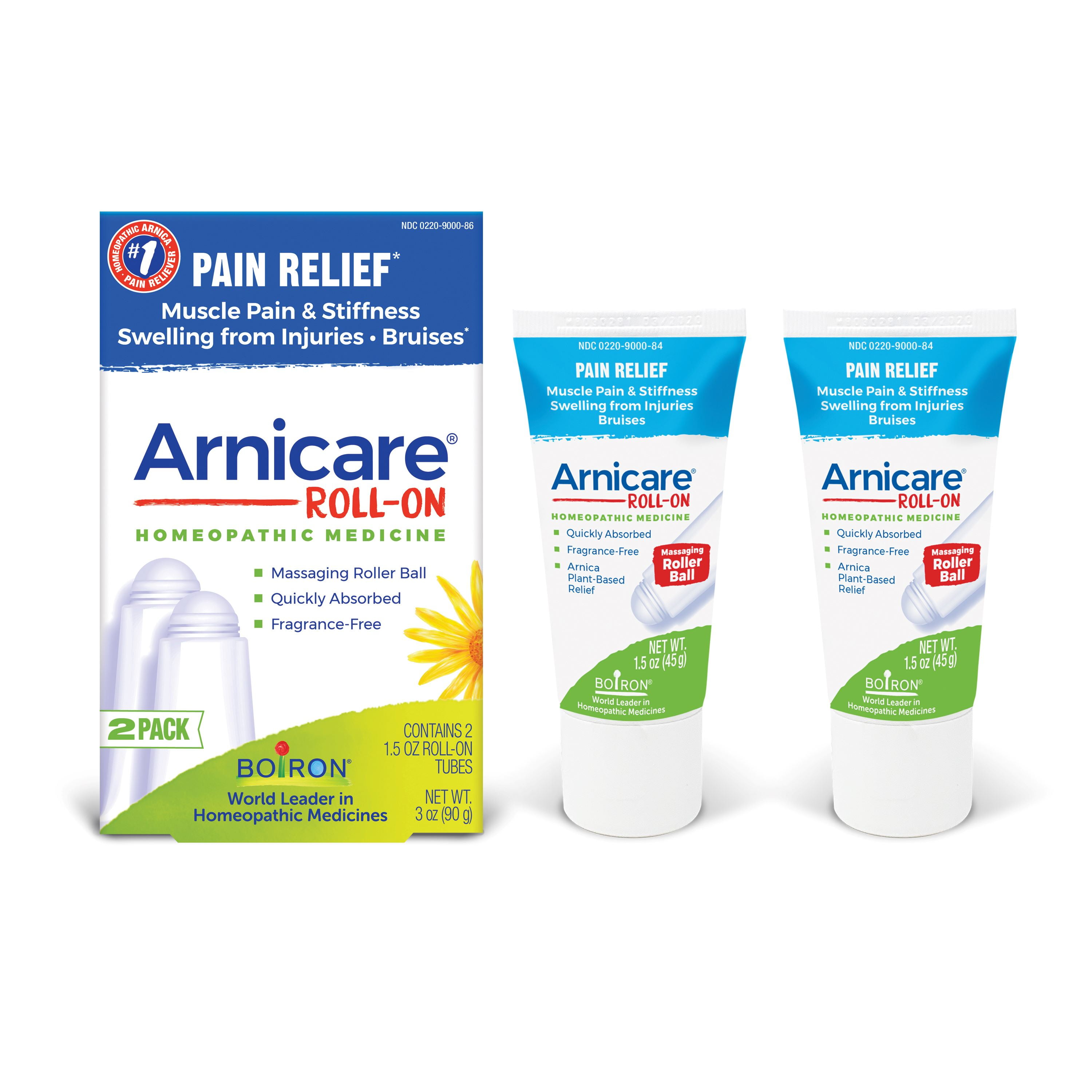 (2 pack) Boiron Arnicare Roll-On, Homeopathic Medicine for Pain Relief, Muscle Pain & Stiffness, Swelling from Injuries, Bruises, 2 x 1.5 oz Twin Pack