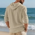 thumbnail image 3 of Men's Hooded Pullover Half Button Drawstring Long Sleeve Linen Henley Shirts Lightweight Casual Beach Blouse With Pocket (XL, Khaki), 3 of 8