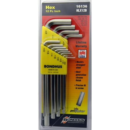 UPC: 0037231161361 | Inch Hex (Allen) Long Arm L-Wrench Set  12pcs .050  to 5/16   Protanium® High Torque Steel With Briteguard™ Chrome Finish – Bondhus® USA