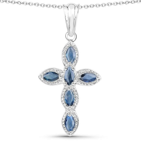 Genuine Blue Sapphire Cross Pendant Necklace