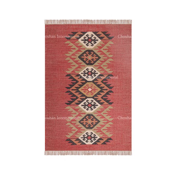 Chouhan Rugs Kilim Rug Wool Jute Rug, Bohemian Rugs, Jute Rug Wool Rug,Kilim Dhurri Wool and Jute Rug Handmade, Kilim Dhurrie Rug, Traditional Indian Wool Jute Rugs ( 3x5 Ft ) (KILM- 8)