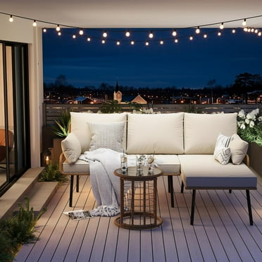 3 Piece Rattan Patio Furniture Set, Outdoor Wicker Sectional L-Shaped Sofa with Cushion and Coffee Table, All Weather Conversation Set for Deck, Poolside, or Backyard