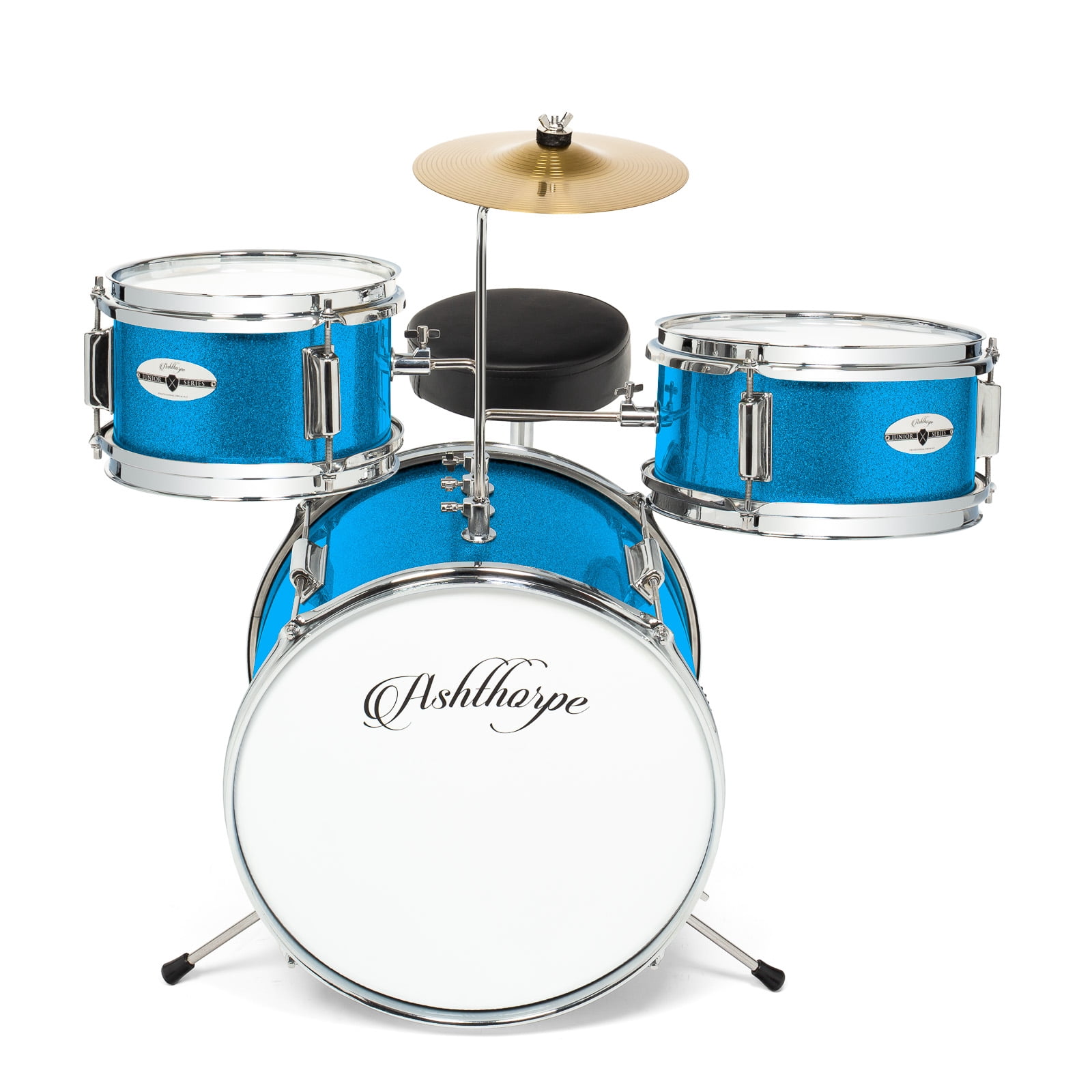 Ashthorpe 3-Piece Complete Junior Drum Set - Beginner Kit with Drummer's Throne - Blue