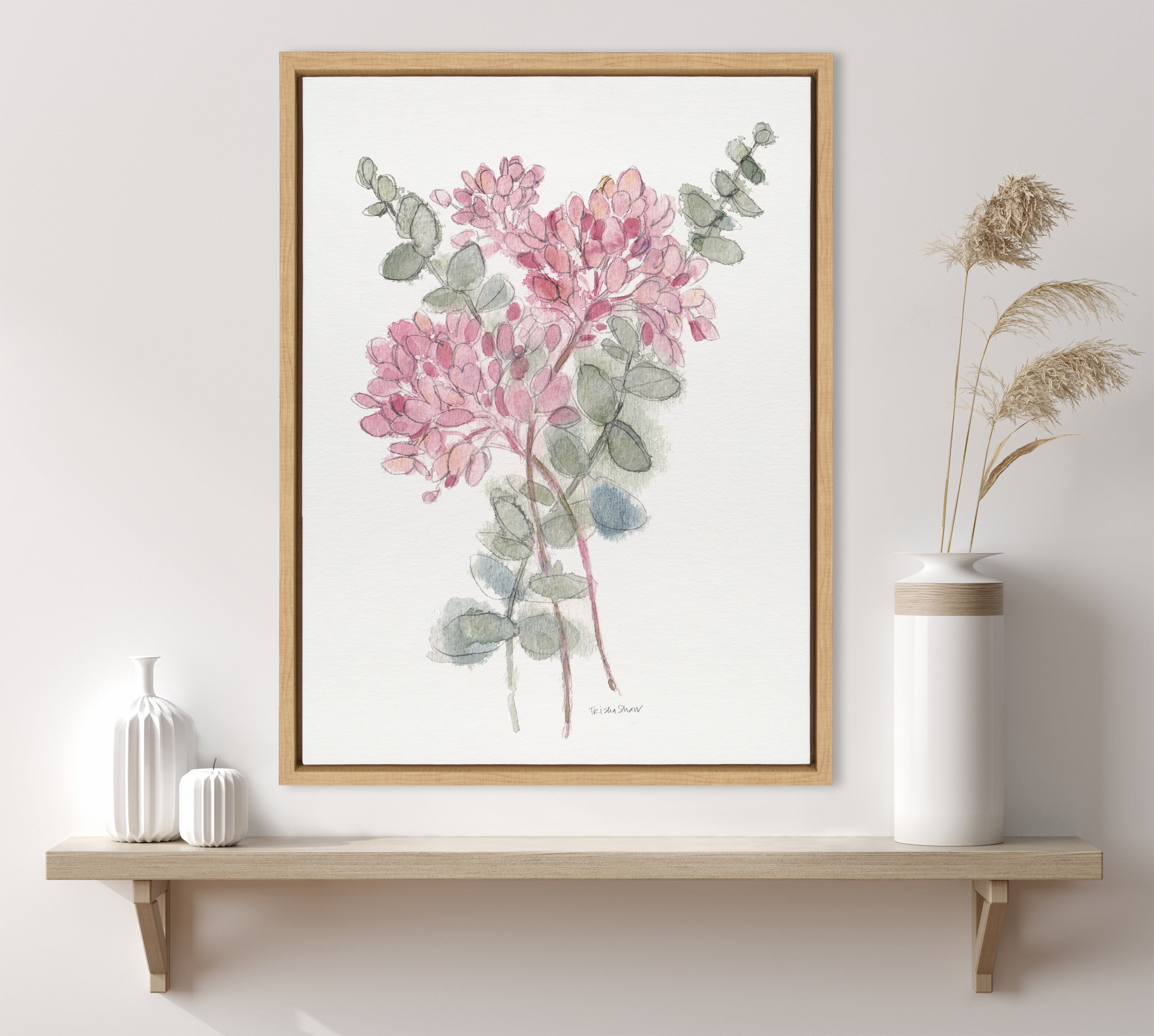 Woven Paths Sylvie Soft Pinkheart Florals and Eucalyptus Framed Canvas Wall Art by Patricia Shaw, 18x24 Natural, Minimalist Botanical Wall Décor