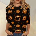 thumbnail image 2 of Halloween Womens Shirts Funny 3/4 Sleeve Tops Horror Pumpkin Ghost Printed T Shirts Spooky Crew Neck Pullover Holiday Three Quarter Length Blouses, XL, 2 of 5