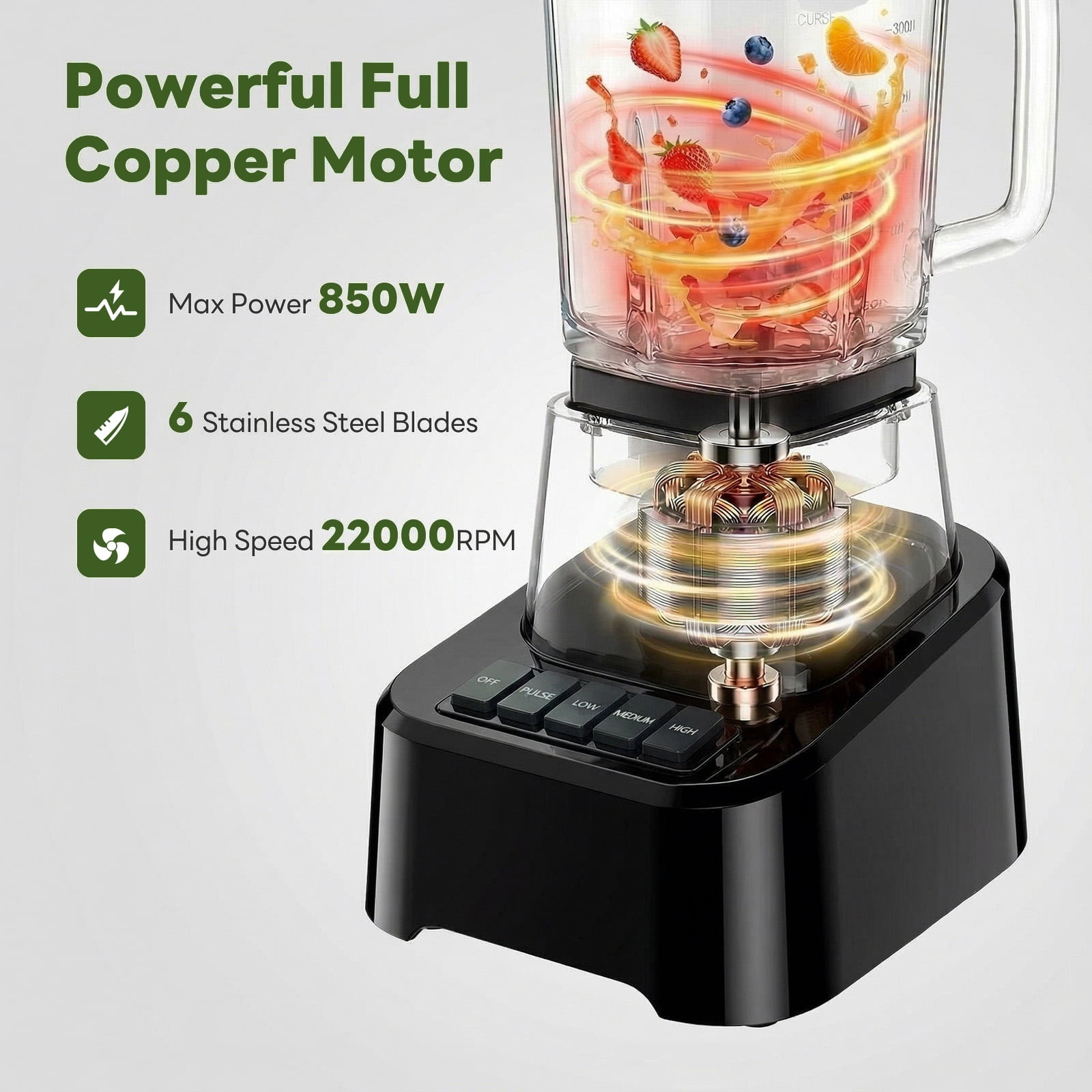 Gianna Blender with 850 Peak Watts, 54oz Full-Size Countertop Blender, 4 Speeds with Pulse for Smoothies & Frozen Drinks, Dishwasher Safe & Non-Slip Base, Black