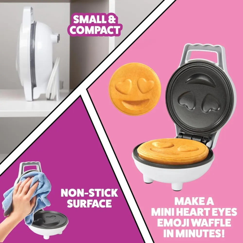 Heart Eyes Emoji Mini Waffle Maker- Valentines Day Breakfast w Cute Personal-Sized 4" Smiley Face Pancakes- Electric NonStick Baker Iron w Recipes- Loving Treat Gift for Her Him- Kids Easy Fun Bake